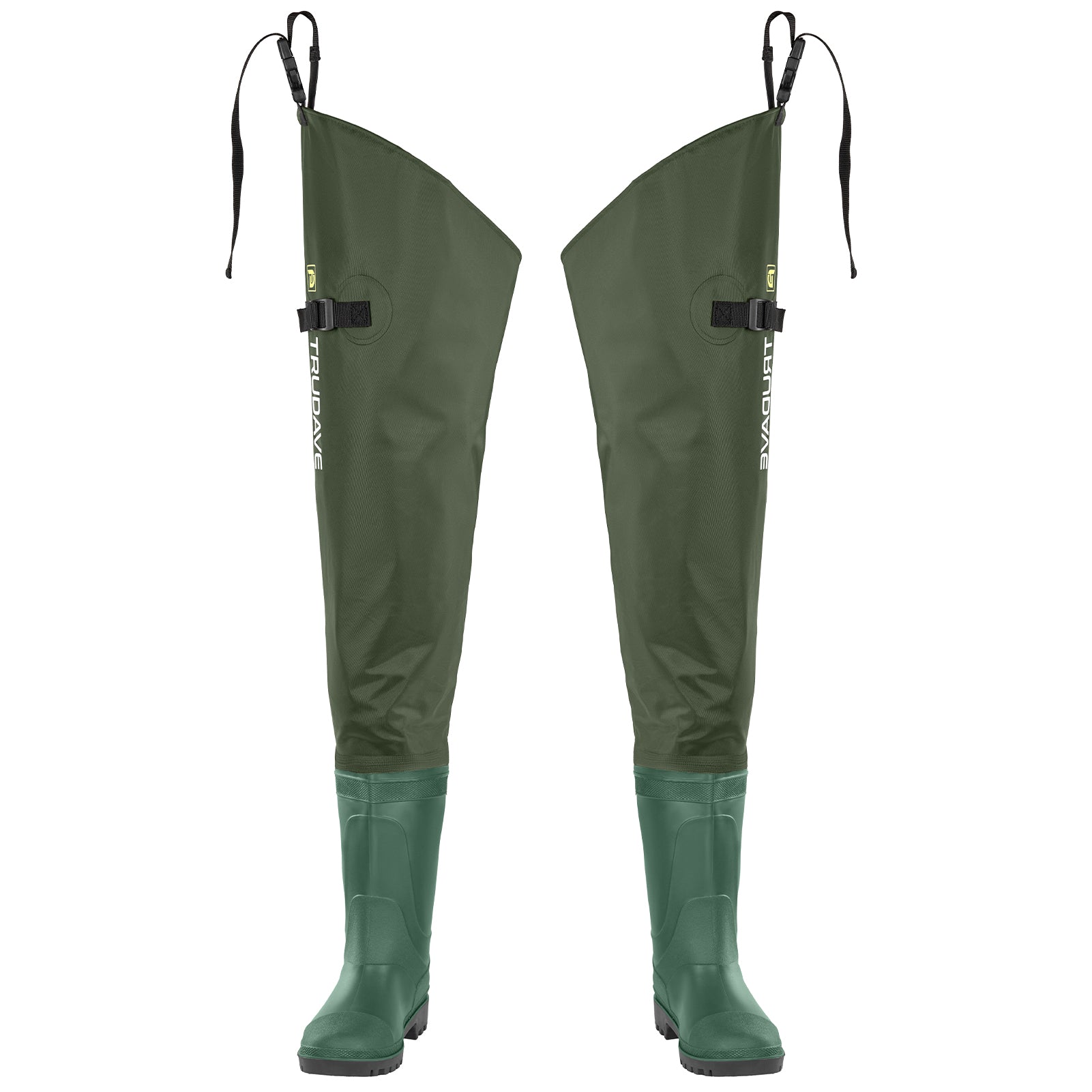 alt="Front view of Trudave StreamFlex Series green hip waterproof waders with boots showing durable waterproof fabric, reinforced seams, and integrated boot design for fishing and hunting use"